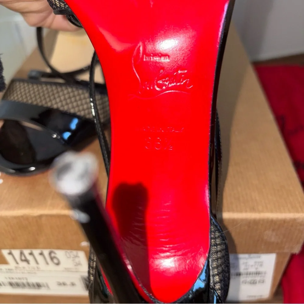 Christian Louboutin Black Patent & Mesh Slingback Heels with Red Soles